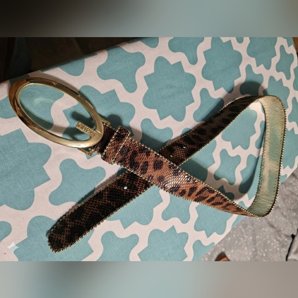 GUESS Vintage Y2K Leopard Print & Snakeskin Belt | Gold Beaded Trim | 35" Max